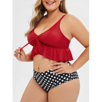 

Plus Size Ruffle Scale Polka Dot Pineapple Floral Bikini Set, Red