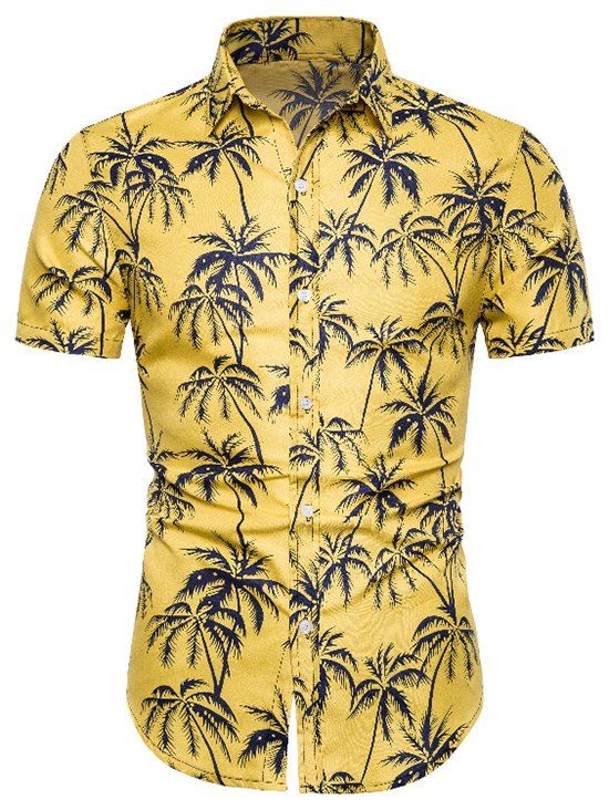 [13% OFF] 2021 Coconut Tree Print Button Up Shirt In YELLOW | DressLily