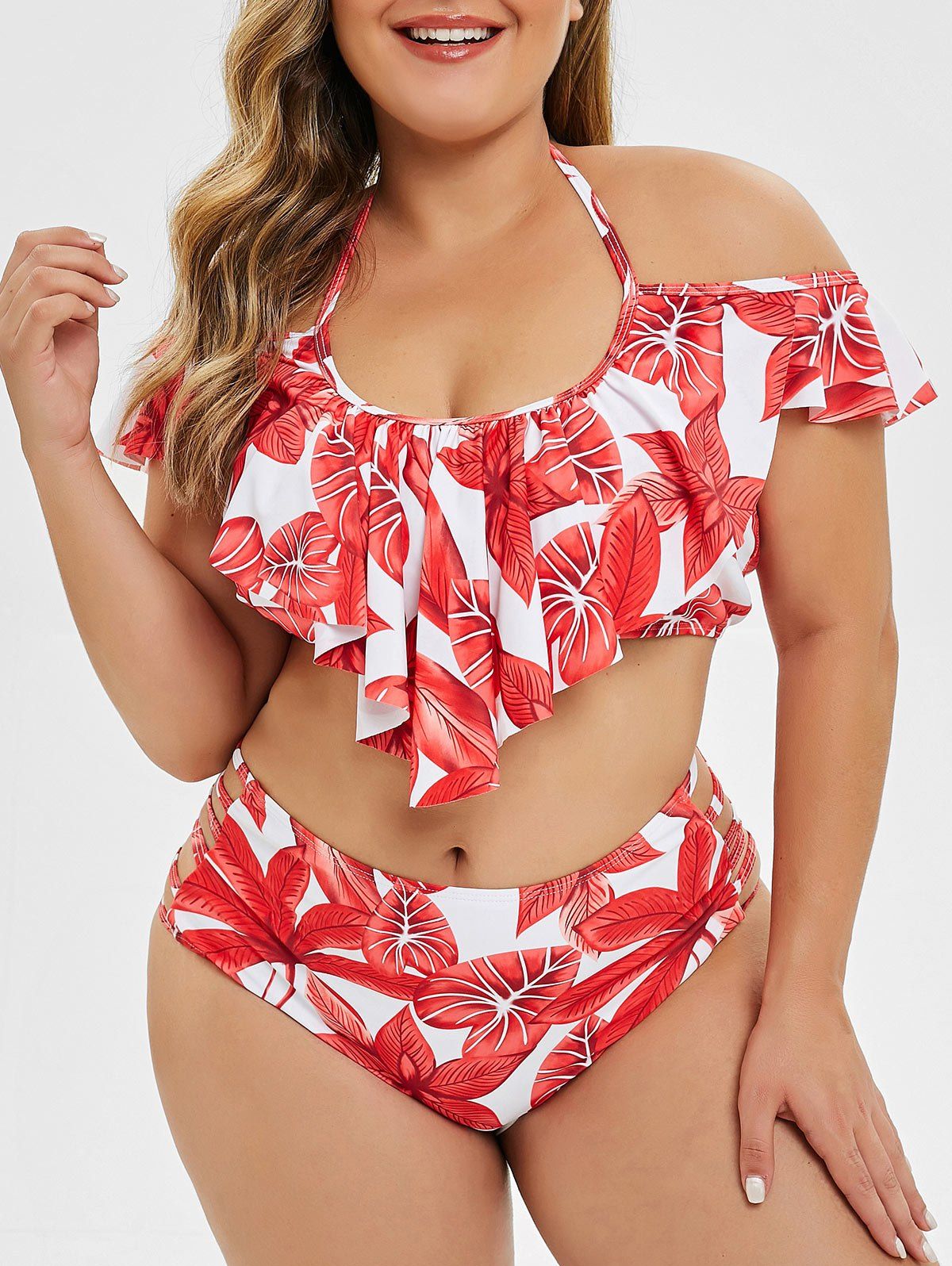 Plus Size Leaf Print Ruffled Lattice Bikini Set