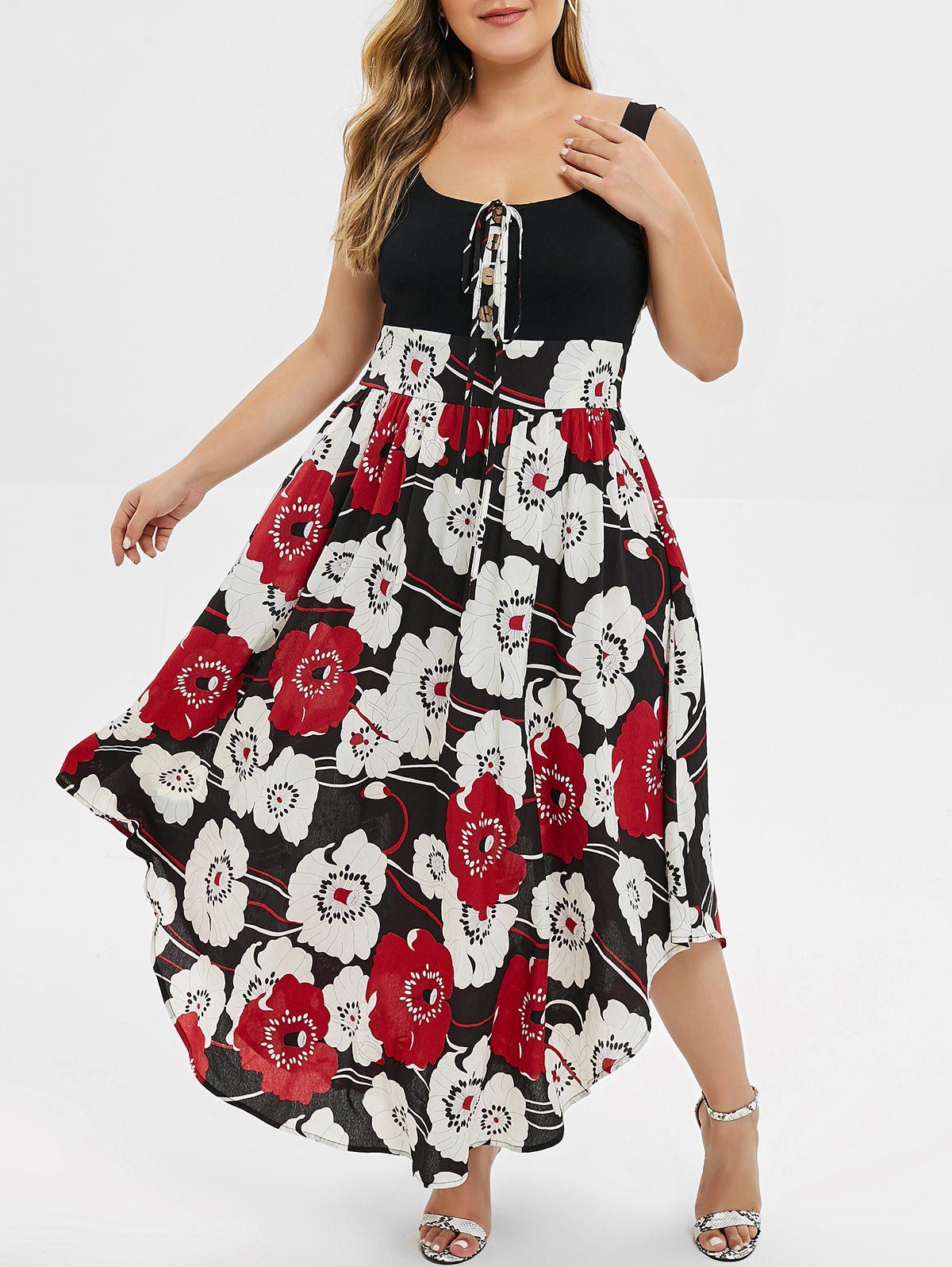 

Plus Size Floral Print High Waist Maxi Dress, Black