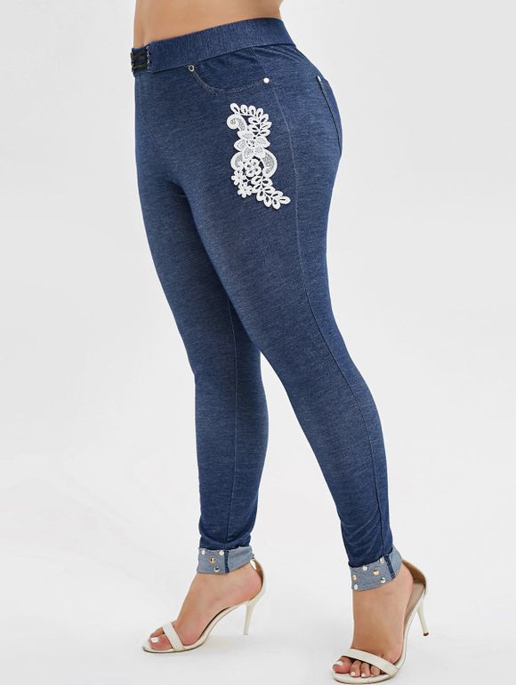 Pantalon Applique Brodé de Grande Taille avec Rivets - Ardoise bleue 3X