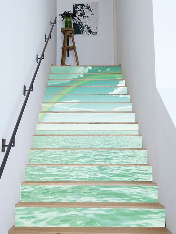 Stickers d'escalier amovibles imprimés mer 3D arc-en-ciel - Vert 18*100CM*13