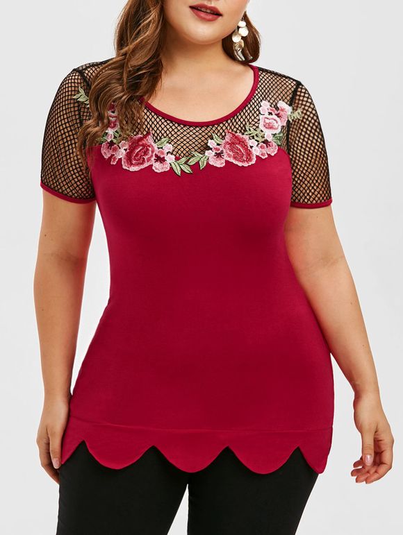 Plus Size Embroidered Fishnet Insert T-shirt - CHERRY RED L