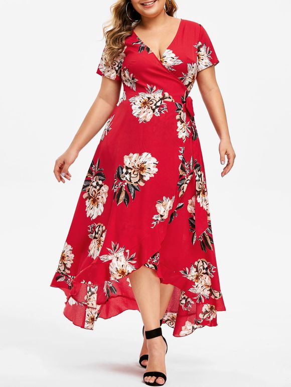 Robe grande taille à imprimé floral et grande taille - Rouge 5X