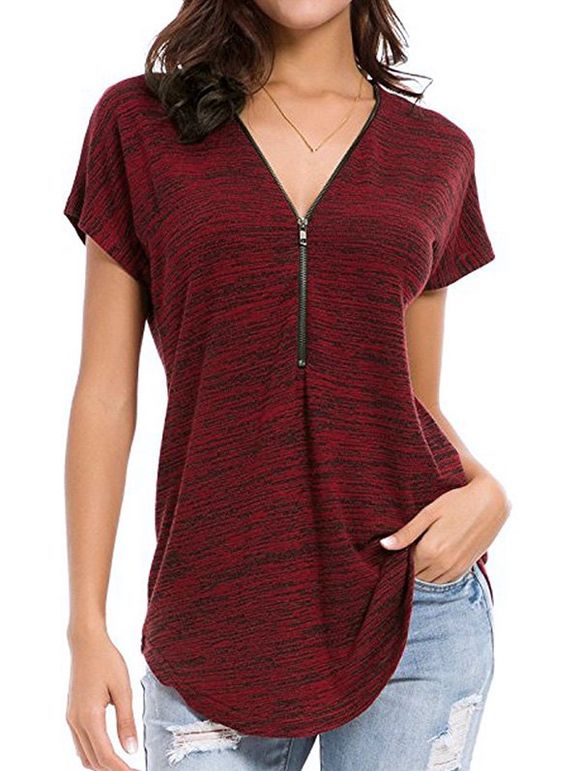T-shirt Teinté à Demi-Zip - Rouge Vineux 3XL