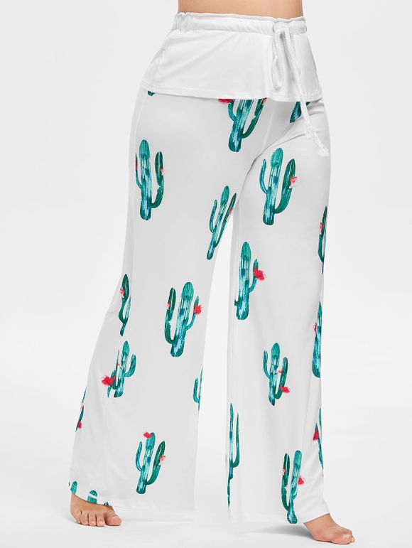 Pantalon Cactus Imprimé à Jambe Large de Grande Taille à Cordon - Blanc 4X