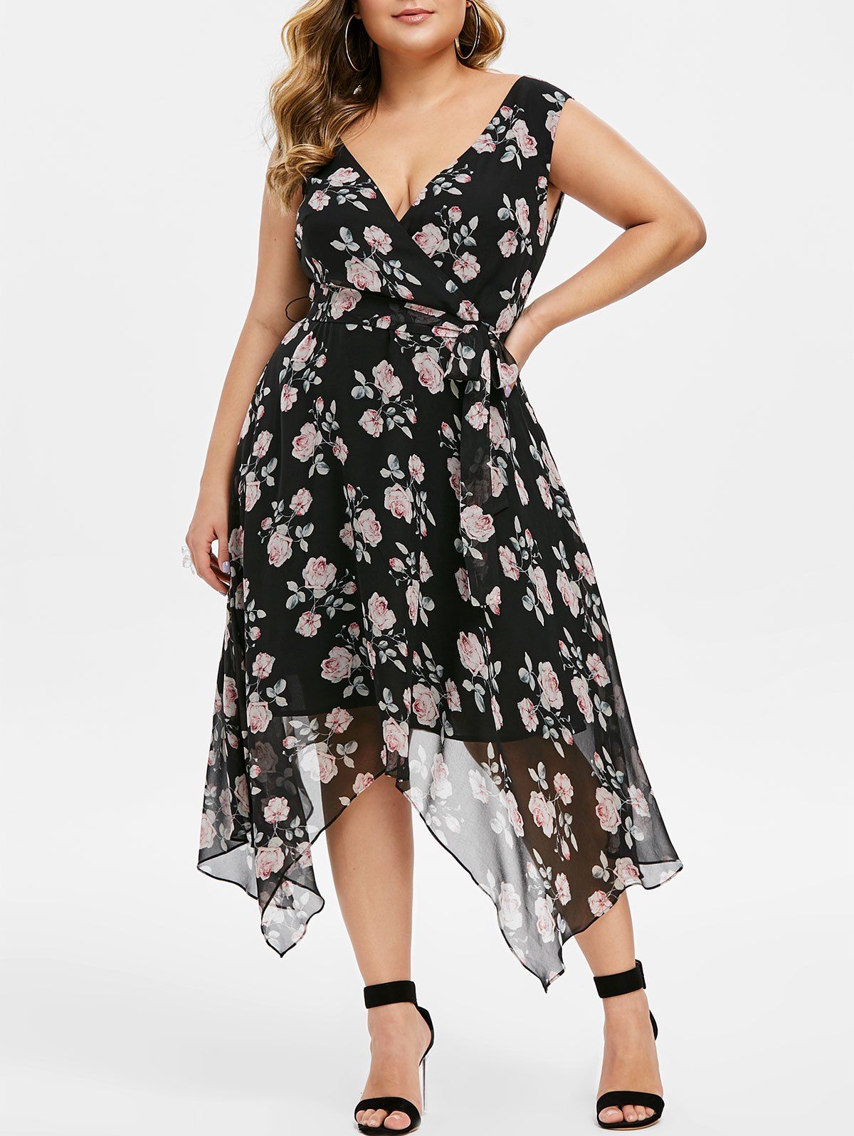 

Plus Size Handkerchief Floral Midi Dress, Black