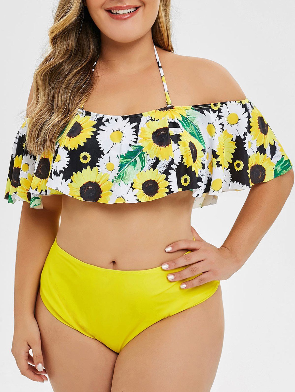 Sunflower Contrast Overlay Flounces Plus Size Bikini Set - YELLOW 1X