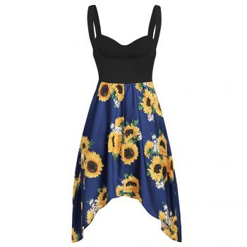 

Garden Party Dress Sunflower Print Vacation Dress Asymmetrical Empire Waist Ruched Cami Dress, Blueberry blue