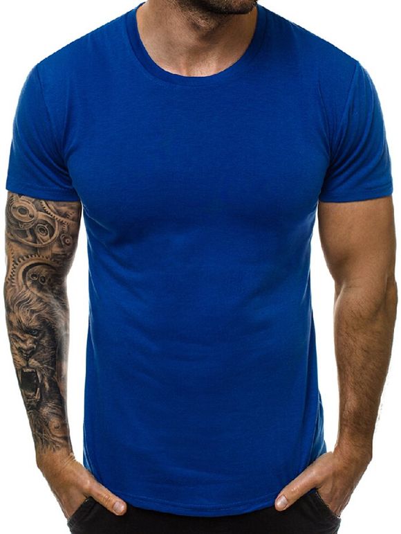 T-shirt Décontracté en Couleur Unie à Col Rond - Bleu M