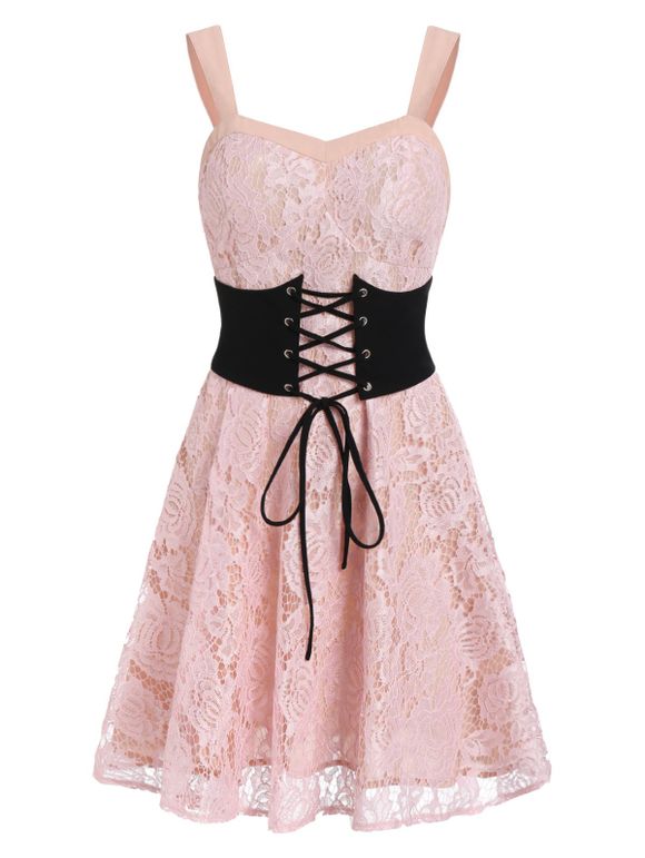 Lace A Line Belted Backless Dress - PINK XL