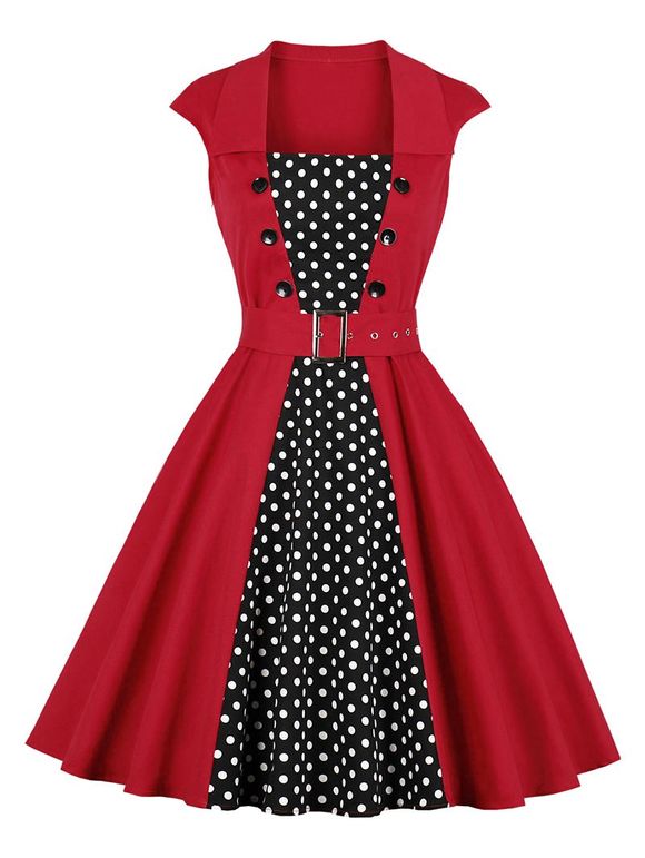 Polka Dot Panel Button Dress Années 1950 - Rouge XL