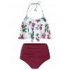 Maillot de Bain Bikini Fleur Imprimée à Col Halter à Volants - Rouge Vineux L