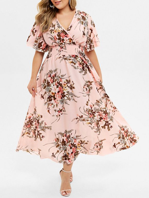 Plus Size Floral Print Bohemian Maxi Dress - PINK 4X