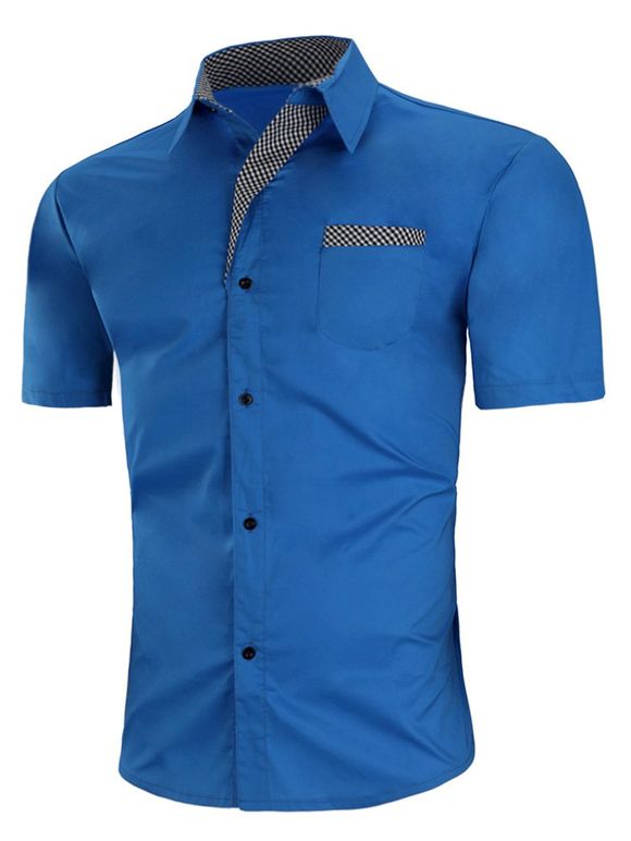Chemise Boutonnée à Carreaux Imprimé avec Poche Poitrine - Bleu S