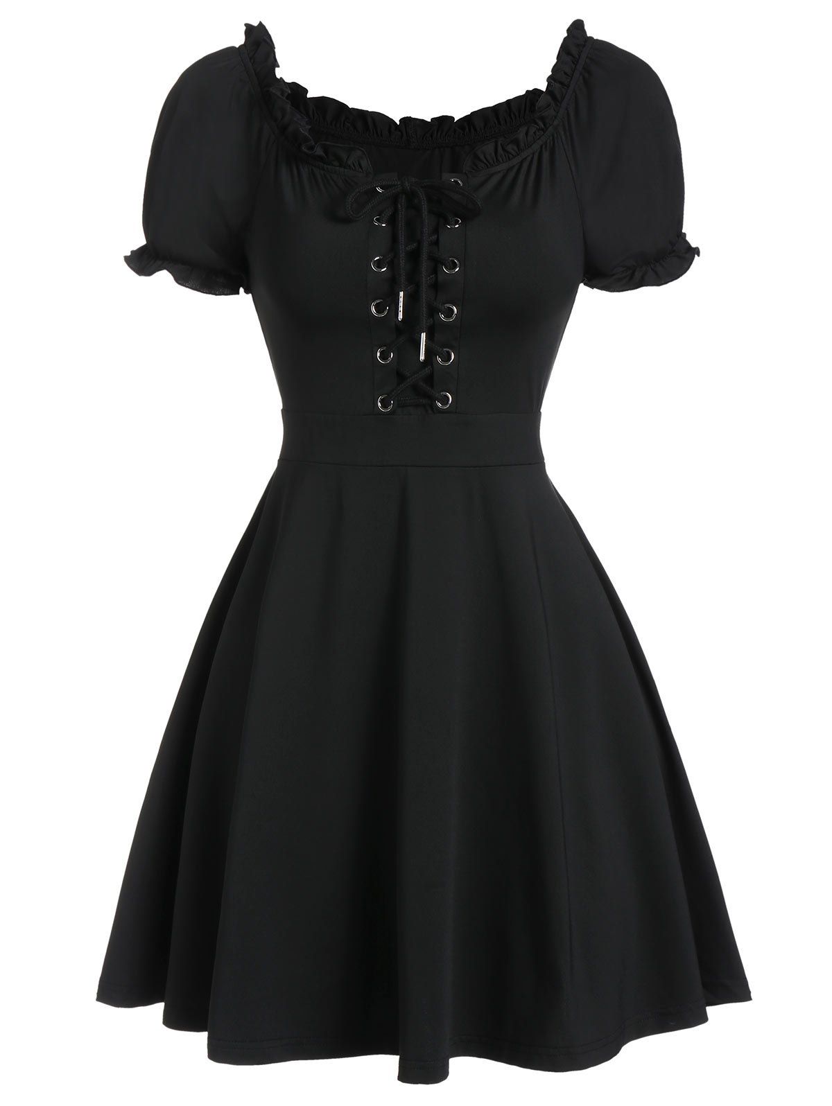 [34% OFF] 2021 Ruffle Lace-up Mini Milkmaid Dress In BLACK | DressLily