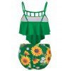 Vacation Tankini Swimwear Tummy Control Swimsuit Sunflower Cut Out Ruched Beach Bathing Suit - GREEN M