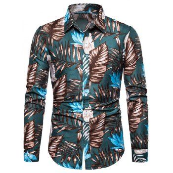 

Leaf Print Long Sleeve Holiday Shirt, Deep green