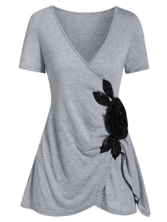 T-shirt Tunique Plongeant Superposé Embelli de Fleur - Gris 2XL