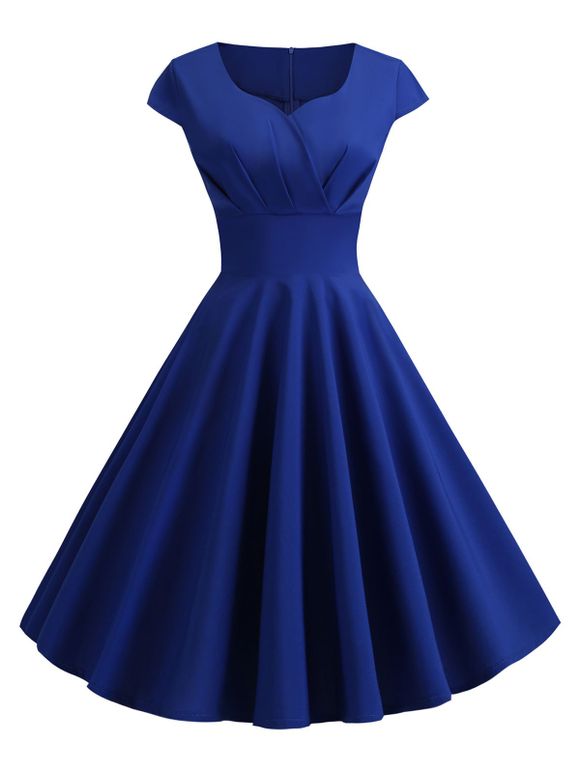Sweetheart Neck Vintage Rockabilly Style Fit and Flare Dress - COBALT BLUE 2XL