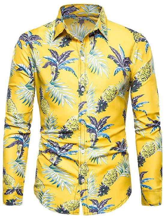 Pineapple Palm Tree Print Long Sleeve Shirt - YELLOW L