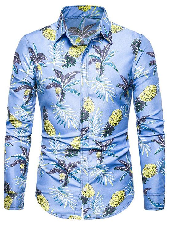 Chemise à Imprimé Palmier Ananas à Manches Longues - Bleu Ciel S