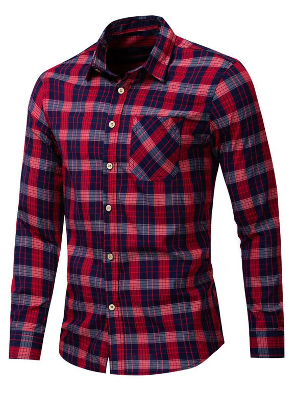 Chemise Décontractée Décoré de Poche à Carreaux Imprimé - Rouge Vineux M