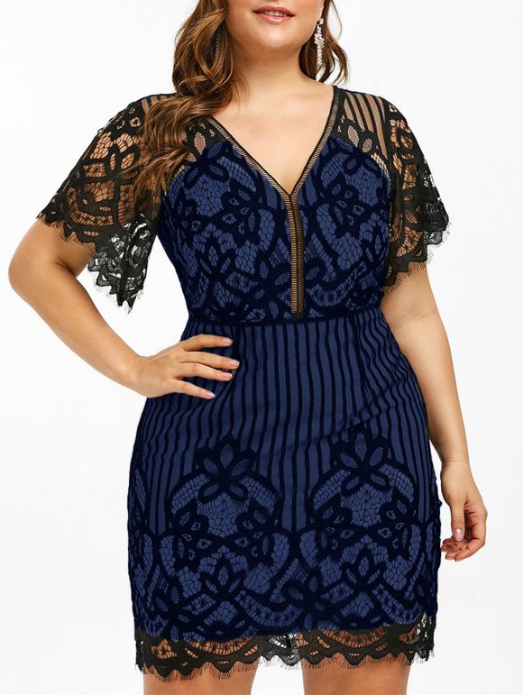 Mini Robe Ajustée Plongeante en Dentelle de Grande Taille - Bleu Myrtille 5X