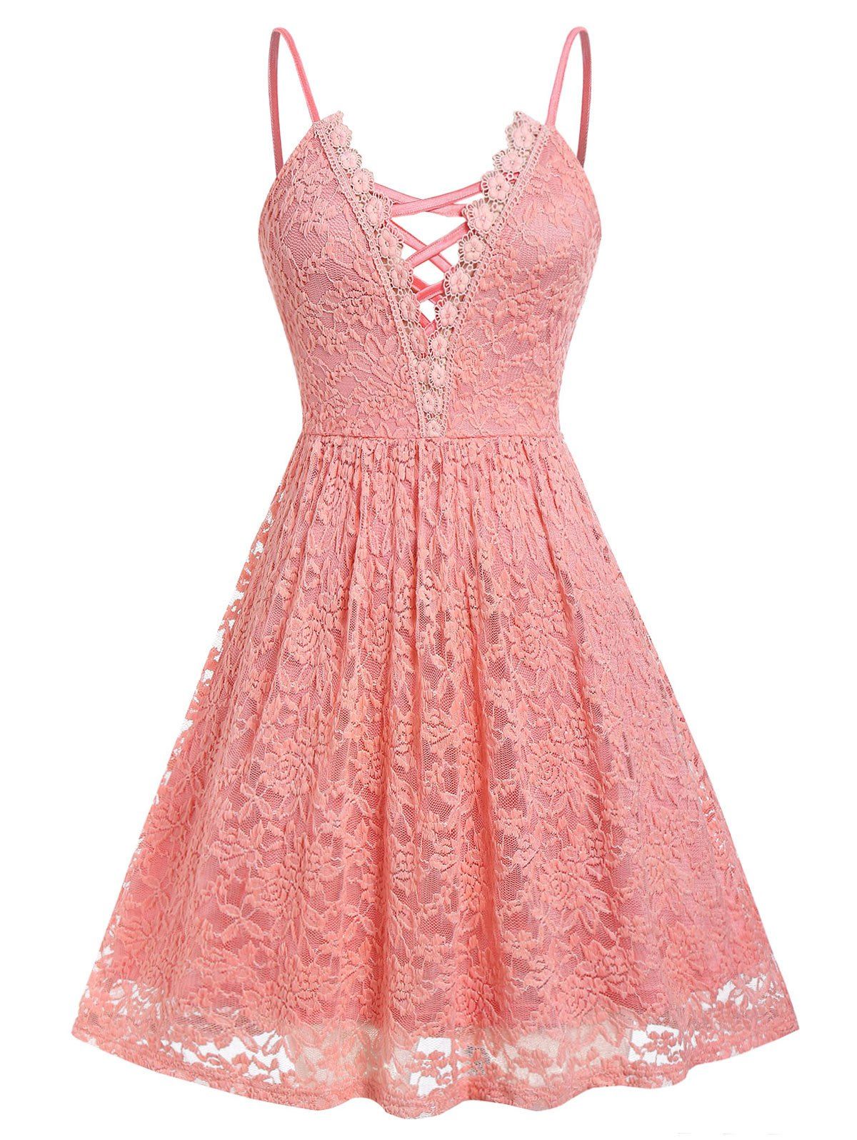 Plus Size Lace Criss Cross Cami Dress - LIGHT CORAL L