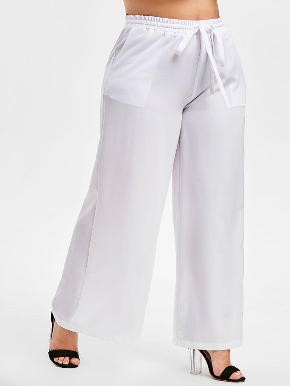 Pantalon Jambe Large de Grande Taille à Cordon à Taille Haute - Blanc 4X