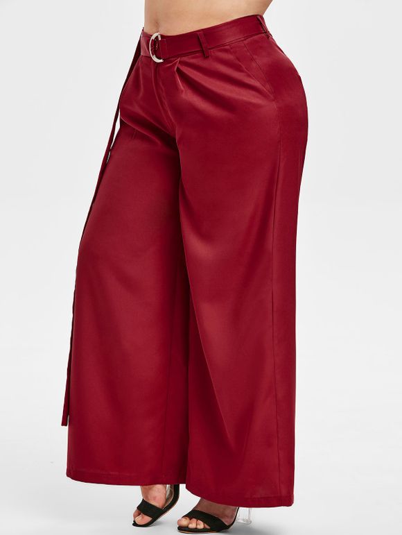 Pantalon Ceinturé Jambe Large à Taille Haute de Grande Taille - Rouge Vineux 5X