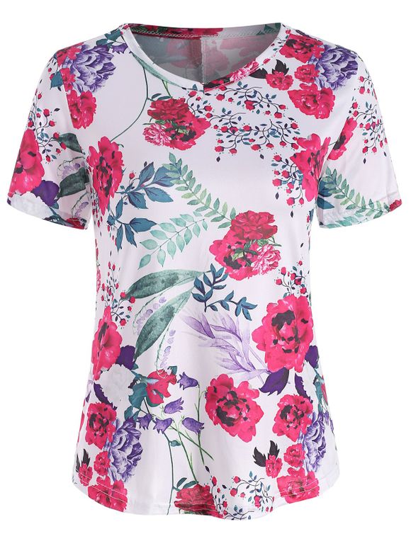 T-shirt Décontracté Fleur à Col V - Blanc XL