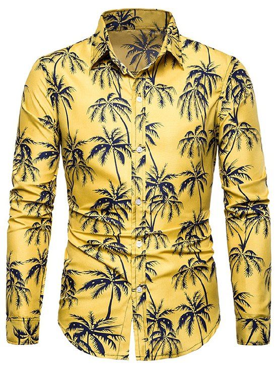 Chemise à Imprimé Palmier d'Hawaï à Manches Longues - Jaune XS