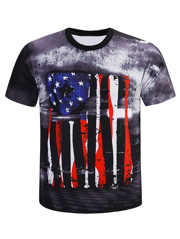 T-shirt Drapeau Américain Imprimé à Col Rond - Noir S
