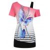 T-shirt Papillon Imprimé Epaule Dénudée avec Strass à Col Oblique - Rose 2XL