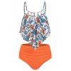 Vacation Tankini Swimsuit Floral Print Swimwear High Waist Flounce Cut Out Ruched Tummy Control Bathing Suit - PUMPKIN ORANGE XL