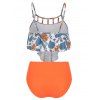 Vacation Tankini Swimsuit Floral Print Swimwear High Waist Flounce Cut Out Ruched Tummy Control Bathing Suit - PUMPKIN ORANGE M