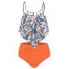 Ensemble de Tankini Découpé Gainant Imprimé Fleuri à Taille Haute en Deux Pièces de Vacance - Orange Citrouille L