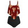 Ensemble de Bikini Tournesol Imprimé Plissé Superposé de Grande Taille - Noir 5X