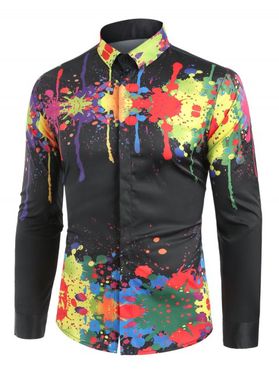 Turndown Collar Colorful Splatter Paint Pattern Long Sleeve Shirt