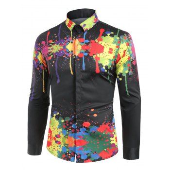 

Turndown Collar Colorful Splatter Paint Pattern Long Sleeve Shirt, Black