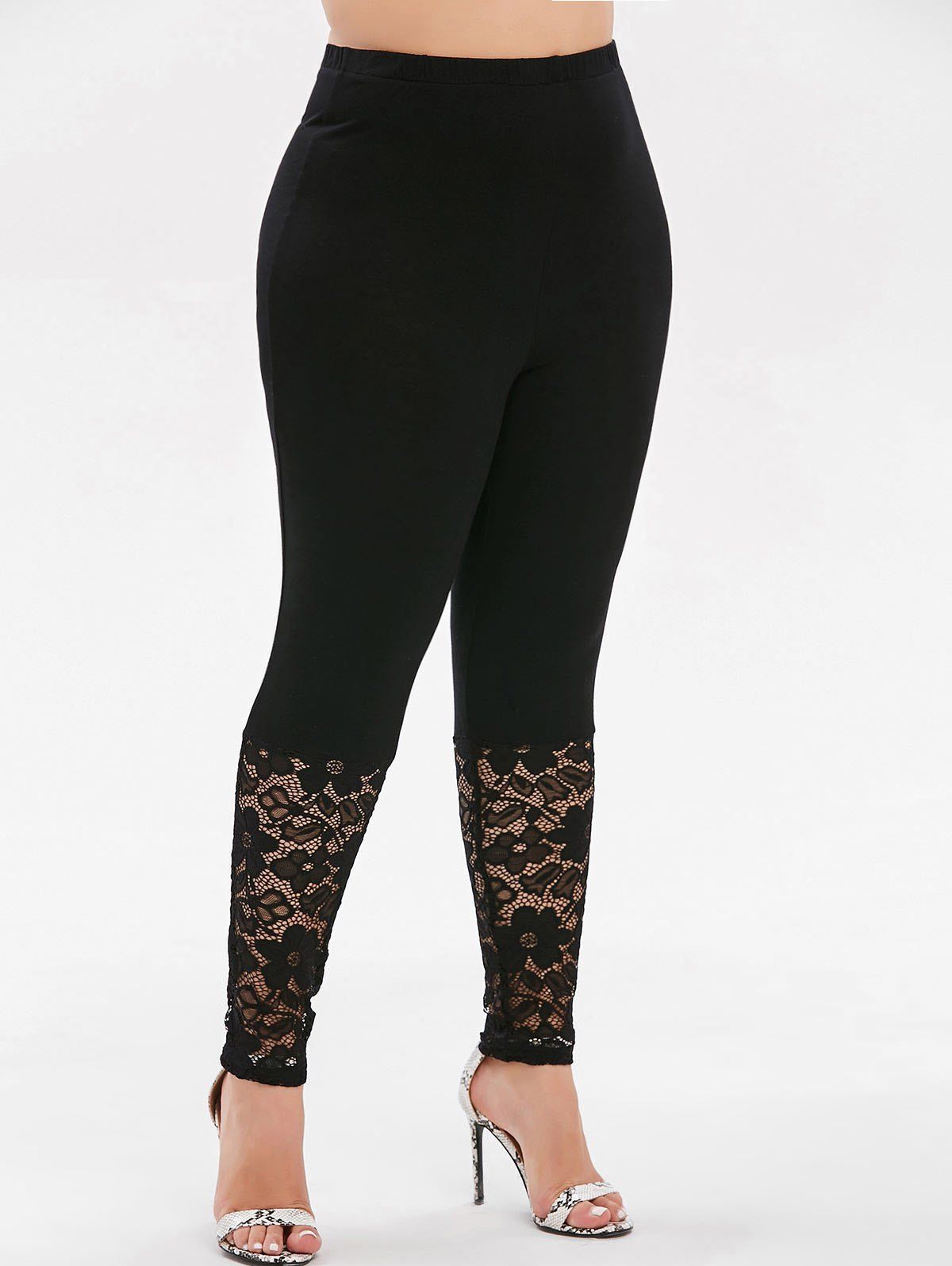 

Lace Panel High Waisted Plus Size Leggings, Black