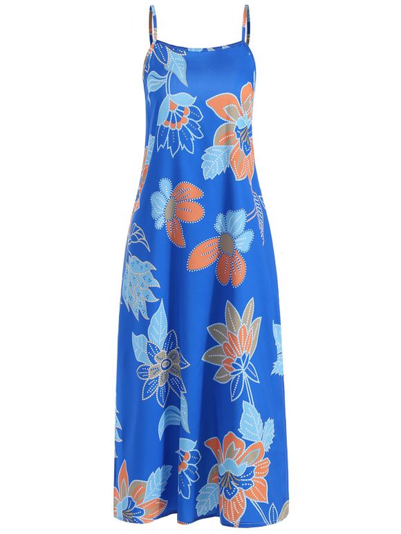 Robe de Vacances Mi-Longue Fendue Fleur à Bretelle - Bleu Lierre XL
