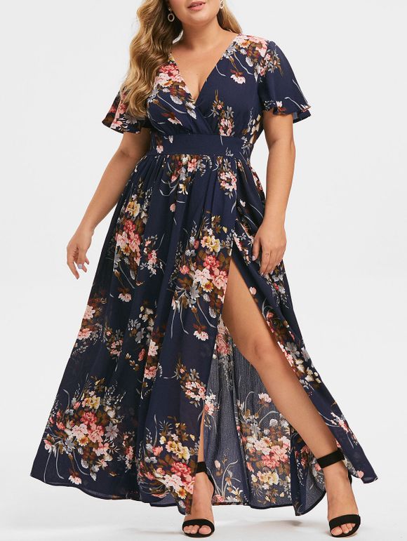 Plus Size Plunging Neck Floral Split Maxi Dress - CADETBLUE 2X