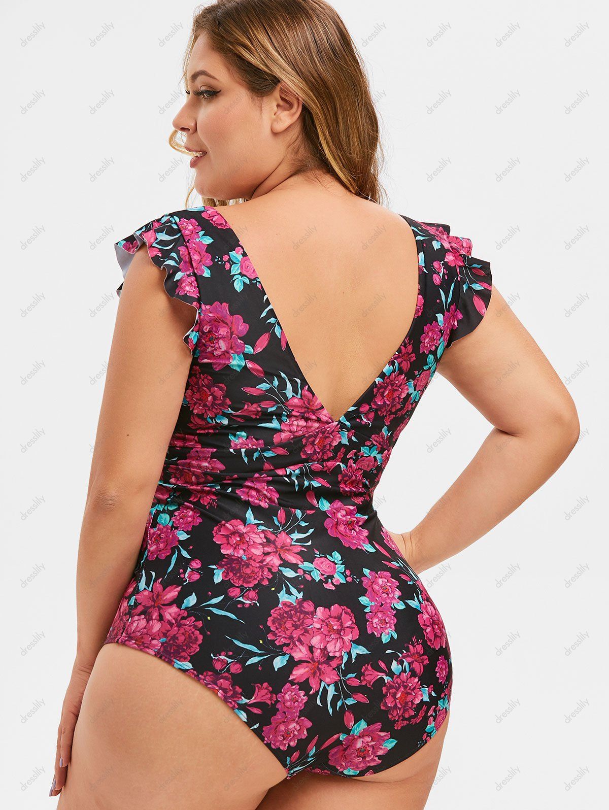 [37 Off] 2021 Plunge Plus Size Floral Ruffled Swimsuit In Black Dresslily