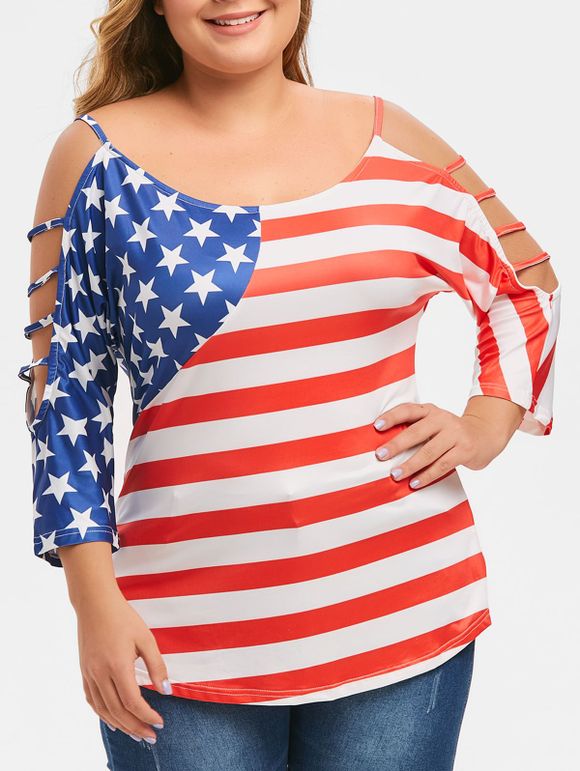 T-shirt Drapeau Américain Imprimé de Grande Taille en Treillis - multicolor A 2X