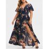 Maxi Robe Fleurie Fendue de Grande Taille à Col Plongeant - Cadetblue 4X