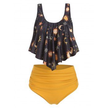 Sun Stars Moon Flounce Runched Tankini Swimsuit
