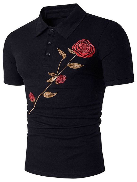 T-shirt Rose Brodée à Manches Courtes - Noir M