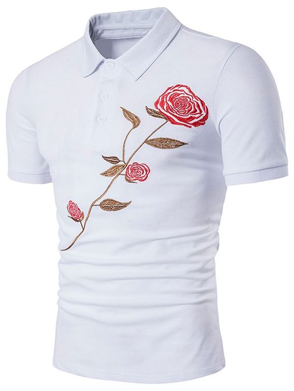 T-shirt Rose Brodée à Manches Courtes - Blanc M